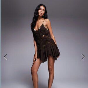 ASOS DESIGN slouchy embellished panels mini dress with uneven hem in chocolate